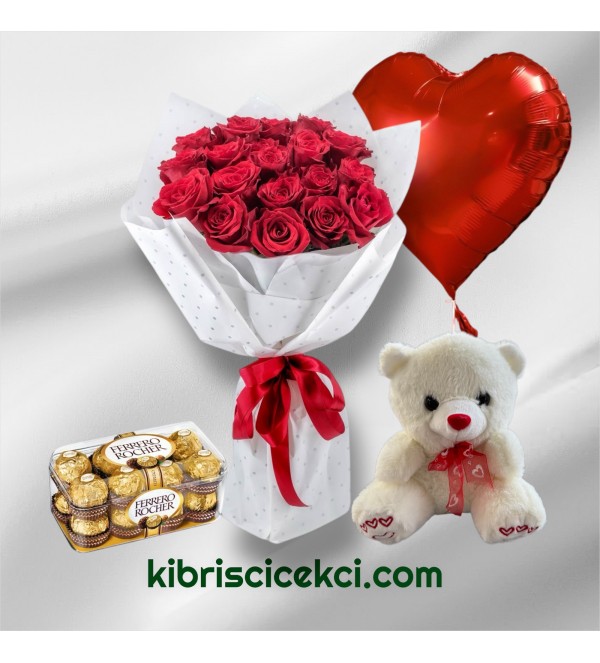 19 Kırmızı Gül Buketi 16'lı Ferrero Çikolata Ayıcık Kalp Helyum Balon